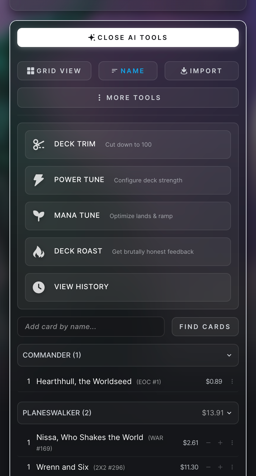 DeckCheck AI tooling including DeckTrim, Power Tune, and Mana Tune