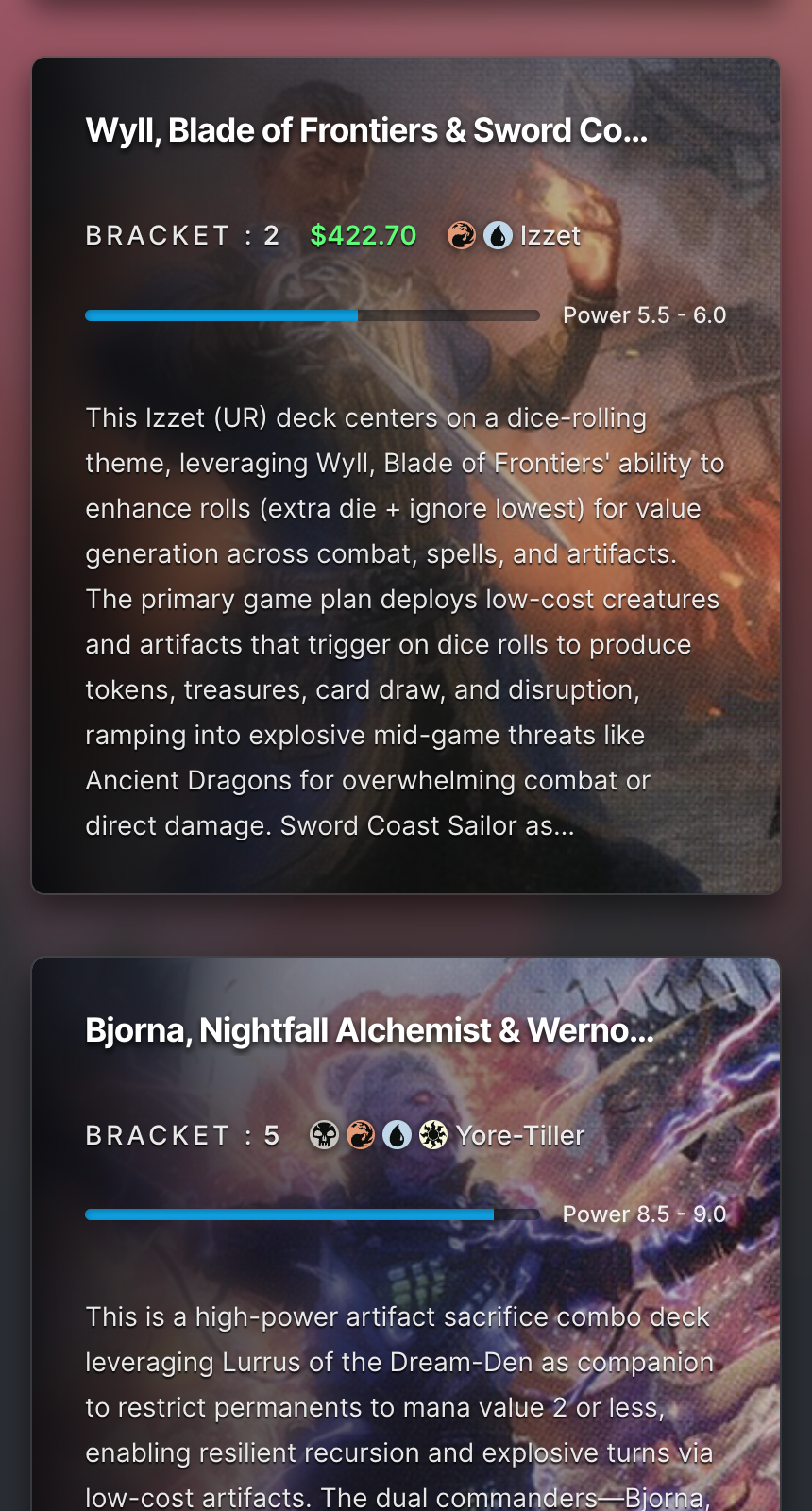 DeckCheck deck search interface with power filters